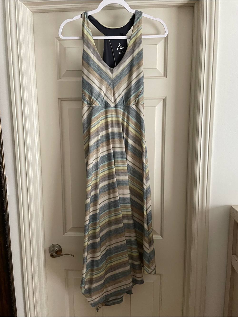 Prana Striped V-Neck Maxi Dress in Blue, Cream & Tan
